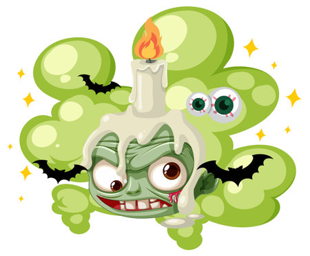 Cartoon zombie head with a melting candle on top, surrounded by green smoke, bats, floating eyeballs, and sparkling stars in a vector styleのイラスト素材