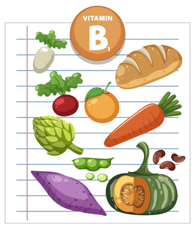 Colorful vector illustration of various Vitamin B1 rich foods arranged on lined paper, with clean outlines, flat colors, and simple compositionのイラスト素材