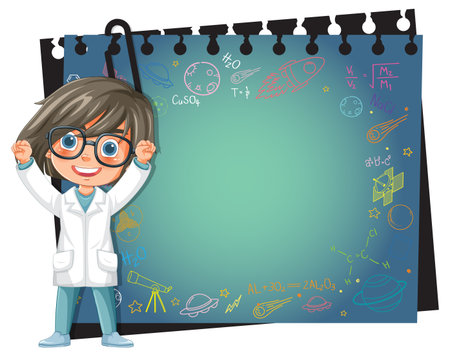 Child scientist with space-themed chalkboard backgroundのイラスト素材