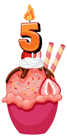 Vector illustration of a pink strawberry ice cream sundae with sprinkles, whipped cream, wafer sticks, and a lit number five candleのイラスト素材