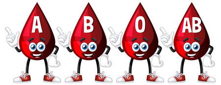 Vector illustration of four smiling cartoon blood drops labeled A, B, O, and AB, with expressive faces and red sneakers on a white backgroundのイラスト素材