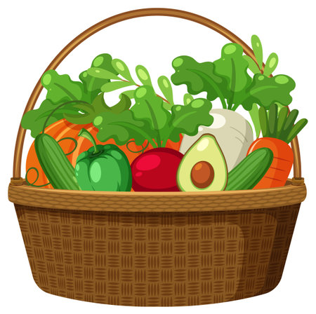 Flat vector illustration of a wicker basket filled with fresh leafy greens and colorful vegetables.のイラスト素材