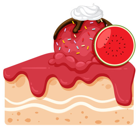 Playful vector of cake slice with watermelon ice cream, chocolate drizzle, whipped cream, and sprinkles.のイラスト素材