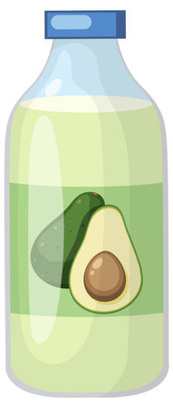 Flat vector illustration of clear avocado oil bottle with green label and minimal, soft design.のイラスト素材
