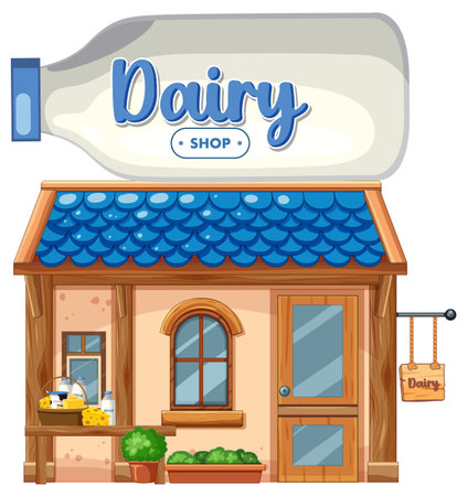 Quaint dairy shop vector with blue tiled roof, milk bottle sign, and wooden cartoon details.のイラスト素材
