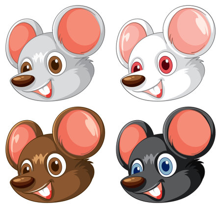 Vector illustration of four cheerful cartoon mouse heads, each with distinct fur and eye colorsのイラスト素材