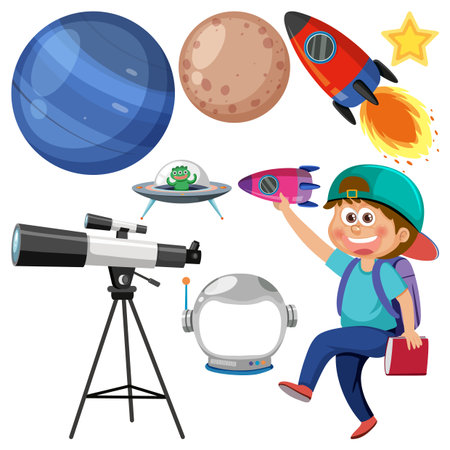 Young boy with telescope, planets, rockets, and astronaut helmet in colorful cartoon vector styleのイラスト素材
