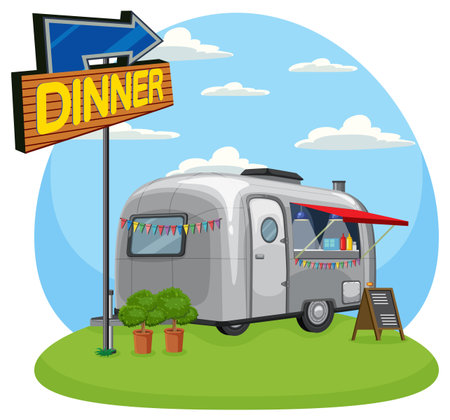 Colorful vintage food trailer with bunting, dinner sign, and menu board on grassy field.のイラスト素材