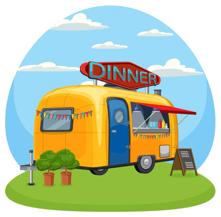 Bright yellow food truck with dinner sign, festive bunting, and menu board on grass.のイラスト素材