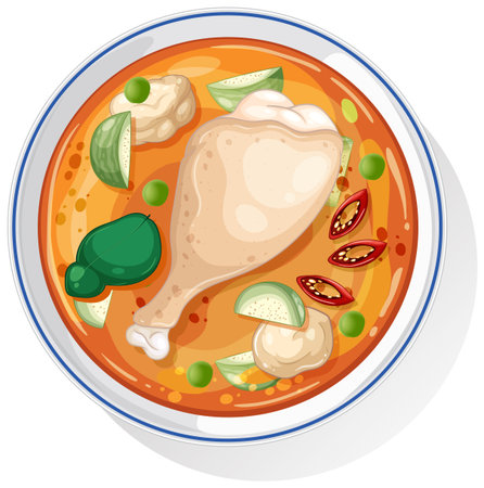 Vibrant vector illustration of spicy Asian chicken soup with vegetables, top-down view, detailed composition.のイラスト素材