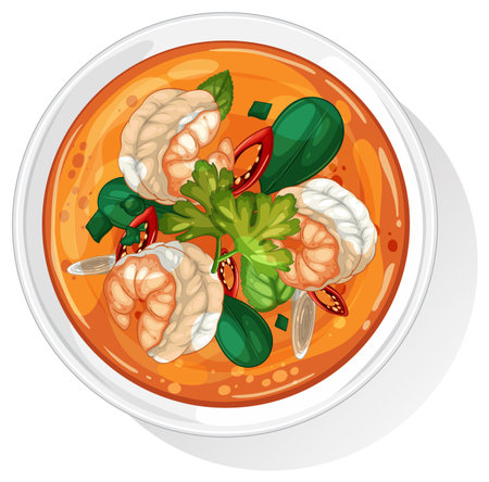 Colorful vector illustration of Thai Tom Yum soup with shrimp, herbs, and aromatic spices.のイラスト素材