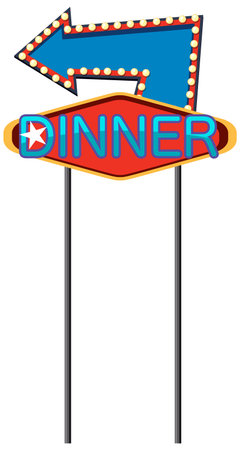 Vintage diner sign vector with blue arrow, illuminated lights, and nostalgic roadside retro aesthetic.のイラスト素材