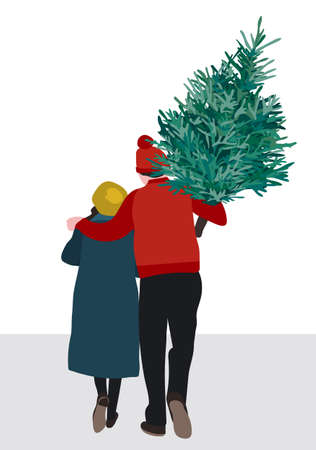 This is an illustration with a couple young women and men.They will be preparing for holidays Merry Christmas, Happy New Year and carrying the fire tree. The bright vector art was made in flat design styleのイラスト素材