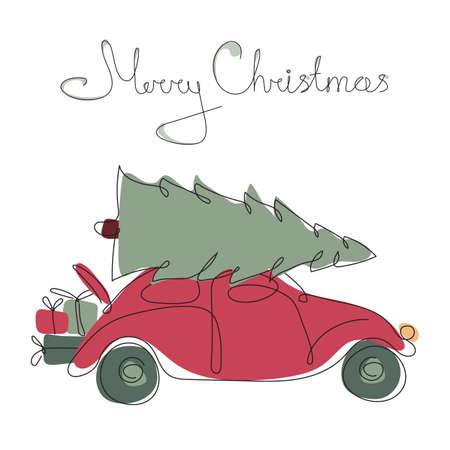 This is illustration with a Little classic red car delivery on the roof Christmas tree and gifts box and have got lettering Merry Christmas. The cute vector illustration was made in line art style.のイラスト素材