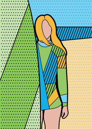 This is an illustration of a face lace portrait of a young surfrider woman. The summertime on the Beach about the ocean. The vector art was made in geometric pop art styleのイラスト素材