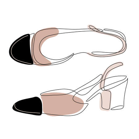 This is a vector illustration of fashionable kitten heels for classic apparel of ladies. The beige and black pair of women's shoes were made in one line art illustration style and flat pastel tone shapesのイラスト素材