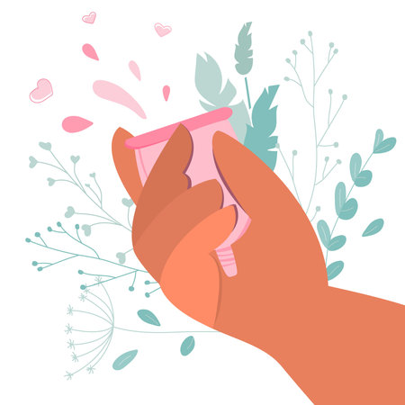 Menstrual period cycle vector illustrations with girl hand keeps on PMS menstrual cupのイラスト素材