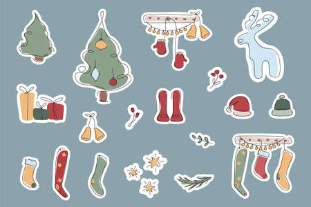 Christmas set stickers or labels with xmas tradition elements gift box, mental stocking, fire tree with ornament and ilex, eucalyptusのイラスト素材