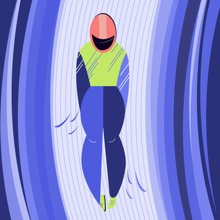 Winter sport game with speeding luge man on ice track sled. Vector illustration in flat design style artのイラスト素材