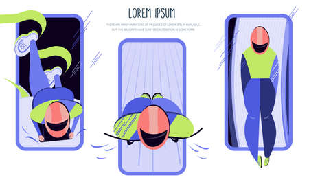 Winter sport set of web posts with speeding luge men on ice track sled. Vector illustration in flat design style artのイラスト素材