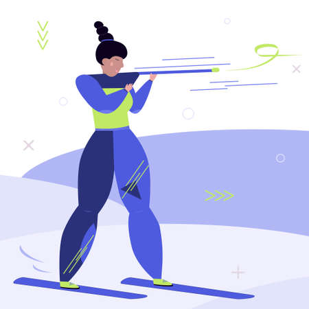 Young women sportsman with rifle, vector illustration winter sport game in flat design style artのイラスト素材