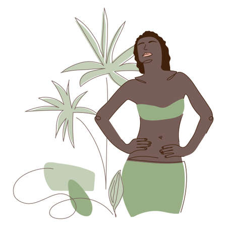 Female African, american black body silhouette with simple shapes and green palm leaf. Vector illustration in flat designのイラスト素材
