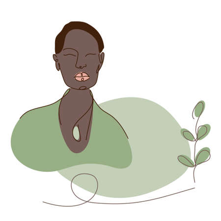 African, American avatar face of woman and eucalyptus leaf, simple shapes. Vector illustration in flat designのイラスト素材