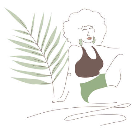African, American silhouette of woman with traditional hairstyle afro and tropical palm leaf, simple shapes. Vector illustration in flat designのイラスト素材