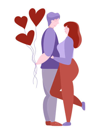 Romantic Couple male and female friends keep heart air balloons. Valentines day relationship concept vector illustrationのイラスト素材