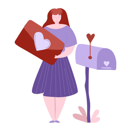 Girl keeps a valentine gift card near the mailbox. Valentines day romantic vector illustrationのイラスト素材