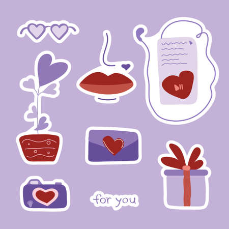 Valentines day set of stickers with gift, lips, letter, camera, music player, and floral. Vector illustration for february 14 gift card Very Peri colorsのイラスト素材