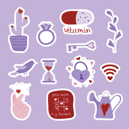 Valentines day set of stickers with cactus, plant, diamond ring, key, lock, hourglass, watering can, wi-fi and dove. Vector illustration for february 14 gift card Very Peri colorsのイラスト素材