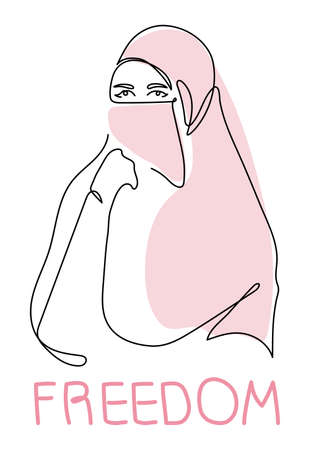 Muslim Girl power, woman with and lettering freedom. Feminist female, vector in one line art for International Women dayのイラスト素材