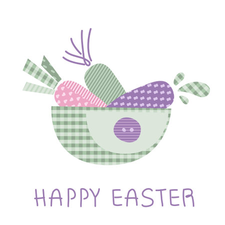 Happy Easter patchwork vector illustration with basket carrots and lettering in pastel tartan pattarn flat design, POP ART style.のイラスト素材