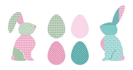 Happy Easter SET with spring vector illustration bunny or rabbit and eggs in pastel tartan pattern flat design, POP ART style.のイラスト素材