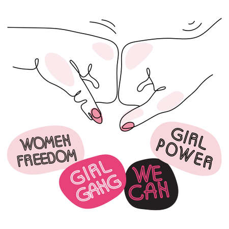 Feminist girl gang power fist and set stickers quote GIRL POWER, WE CAN, WOMEN FREEDOM and GIRL GANG. Vector illustration for International Women dayのイラスト素材