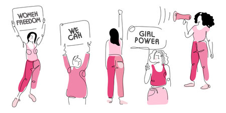 Feminist set girls gang with protest sisterhood arm, power fist and quote WOMEN FREEDOM, WE CAN,...
