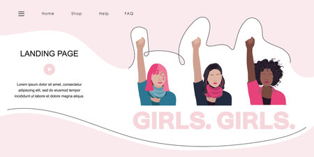 Feminist landing page with protest girl power in sisterhood arm and fist, hands. Vector illustration...