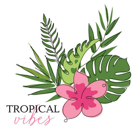 This is a vector illustration tropical composition of exotic big monstera leaves, split leaf, bamboo, hawaii flower, Plumeria. Can be used for wedding, invitation or posters, was made in one line art and flat design style.のイラスト素材