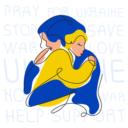 Vector illustration mother care child with lettering phrases STOP WAR in UKRAINE, LOVE, SAVE, HELP and pray. Global politics problem in continuous line art styleのイラスト素材