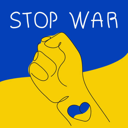 Vector illustration with hand sign, fist with lettering phrases STOP WAR. Global politics, NO WAR, aggression problem picture in continuous line art styleのイラスト素材