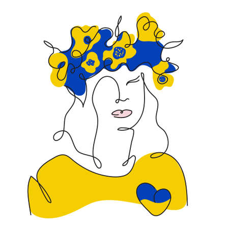Vector illustration with Ukrainian girl in nationality wreath and sign Ukrainian flag heart. Global politics, NO WAR, aggression problem picture in continuous line art styleのイラスト素材