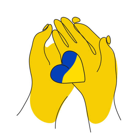 Vector illustration with hands palm keep hear in Ukrainian flag. Global politics, NO WAR, aggression problem picture in continuous line art styleのイラスト素材