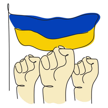 Vector Illustration with hands, fist, Ukrainian flag in tradition colors. Vector illustration global politics, NO WAR, aggression problem picture in continuous line art styleのイラスト素材