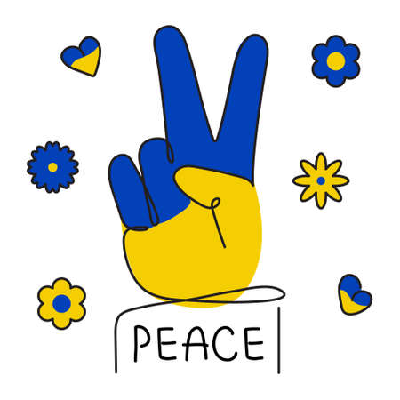 Vector Illustration with hand sign and lettering PEACE in tradition colors. Vector illustration global politics, NO WAR, aggression problem picture in continuous line art styleのイラスト素材