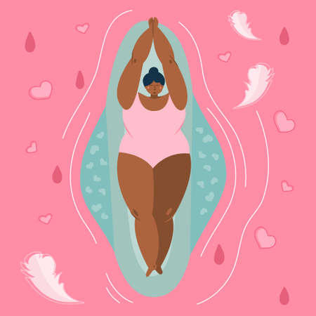 Body positive young girls lies on Hygienic Menstrual Pads. Vector illustrations menstrual period cycle, PMS and blood is NORMALのイラスト素材
