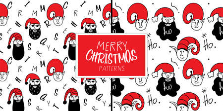 Merry Christmas set of two pattern with head elf and Santa Claus. The xmas black and red vector illustration in doodle art style. Trendy hand drawn icons.のイラスト素材