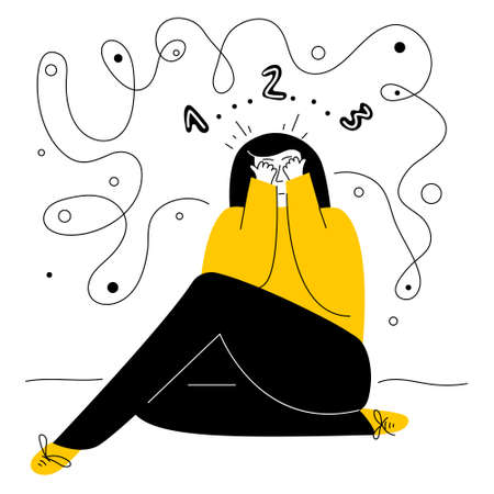 OCD symptoms with girl fear, has intrusive thoughts and counting. Obsessive compulsive disorder vector illustration concept with neurosis discomfort, panic attack.のイラスト素材