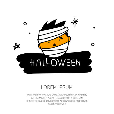Character mummy monster head with phrase HALLOWEEN for Spooky Season on 31 october. Vector illustration creepy cartoon avatar.のイラスト素材