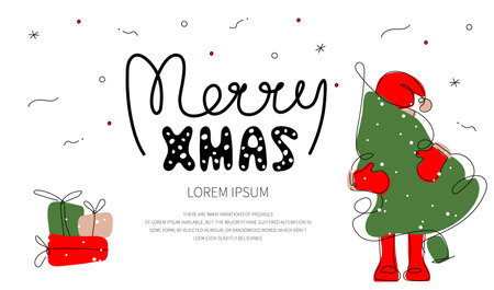 Christmas web landing page with quote lettering MERY XMAS and cute Santa Claus. The vector illustration xmas web postcard in hand drawn art style.のイラスト素材